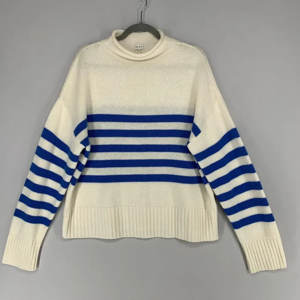 KULE Cream and Blue Striped Cashmere-blend Turtleneck Sweater. Sz L - Picture 5 of 16